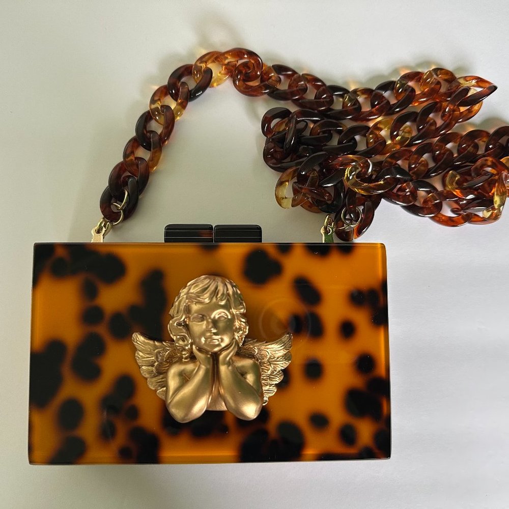 Leopard Print Acrylic Evening Box Clutch Bag Gold Resin Angel Figurine and Resin